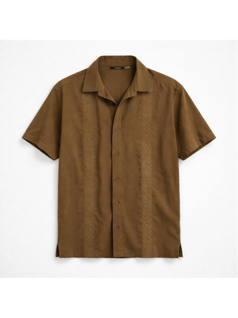 Café Luna Brown Geometric Embroidered Short Sleeve Button-Up Shirt Men's L Retro
